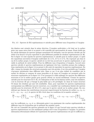 4.2. OXYG`ENE 25
Energie des photons
expérience
théorie
propre
signalRA(%)signalRA(%)
signalRA(%)signalRA(%)
Energie des photons
expérience
théorie
Fig. 4.5 — Spectres de RA exp´erimentaux et calcul´es pour diﬀ´erents taux d’exposition `a l’oxyg`ene
des dim`eres sont orient´es dans la mˆeme direction. L’oxyg`ene mol´eculaire a ´et´e dos´e sur la surface
grˆace une vanne micro fuite et sa puret´e a ´et´e contrˆol´ee par spectrom´etrie de masse. Etant ´etabli que
les calculs th´eoriques de spectres optiques surestiment les intensit´es, tous les spectres calcul´es ont ´et´e
r´eduit d’un facteur 4.8 pour reproduire le plus ﬁd`element possible les r´esultats exp´erimentaux [9, 38].
Sur la ﬁgure 4.5 sont expos´es les spectres exp´erimentaux et calcul´es pour la surface propre, et apr`es
des expositions successives d’oxyg`ene mol´eculaire de 1.3 L, 2.7 L et 4.7 L. On s’aper¸coit que dans le
cas de la surface propre, le spectre calcul´e est en tr`es bon accord avec le spectre exp´erimental, ce qui
valide la m´ethode de calcul utilis´ee. Pour les diﬀ´erents taux d’exposition `a l’oxyg`ene, l’accord entre
spectres calcul´es et spectres exp´erimentaux est ´egalement tr`es bon ; toutefois aucunes des conﬁgura-
tions repr´esent´ees sur la ﬁgure 4.4 ne permet `a elle seule de reproduire les spectres exp´erimentaux. En
eﬀet, comme les ´energies des structures propos´ees sont tr`es proches, il est tr`es probable que l’oxyg`ene
s’incorpore initialement dans diﬀ´erents sites. Dans ce cas, il est plus r´ealiste de consid´erer que la
surface de silicium se compose de zones inoxyd´ees et de zones o`u l’oxyg`ene est incorpor´e selon les
structures repr´esent´ees sur la ﬁgure 4.4. C’est pourquoi il a fallu m´elanger les spectres des diﬀ´erentes
structures et de la surface propre pour pouvoir obtenir un accord satisfaisant. Comme les spectres
calcul´es pour les structures C2 et 1E, o`u l’adsorption se fait sur les liaisons arri`ere, sont tr`es similaires,
c’est la structure 1E qui a l’´energie la plus faible qui a ´et´e privil´egi´ee. Le choix de l’autre structure
C2 donne des r´esultats qui sont tr`es semblables. Ainsi, pour reproduire les spectres exp´erimentaux
correspondant aux diﬀ´erents taux de couverture, on a consid´er´e une combinaison lin´eaire des spectres
calcul´es pour les structures 1D 1E et C1, ainsi que le spectre calcul´e sur la surface propre. En con-
sid´erant que chacune des contributions recouvrent respectivement les fractions de surface xD, xE, xC
et (1 − xD − xE − xC) ; le spectre de RA s’´ecrit dans ces conditions de la mani`ere suivante :
∆r
r
= xD ×
∆r
r (1D)
+ xE ×
∆r
r (1E)
+ xC ×
∆r
r (C1)
+ (1 − xD − xE − xC) ×
∆r
r (clean)
(4.2)
avec les coeﬃcients xD, xE et xC d´etermin´es grˆace `a un ajustement des courbes exp´erimentales des
diﬀ´erents taux de d’exposition par la m´ethode des moindre carr´es.
On voit sur l’ensemble des spectres pr´esent´es sur la ﬁgure 4.5 que l’accord entre spectres calcul´es et
spectres exp´erimentaux est tr`es satisfaisant quelque soit le taux d’exposition `a l’oxyg`ene. La premi`ere
information d´eterminante d´eduite de l’ajustement des spectres exp´erimentaux est que le coeﬃcient xC
 
