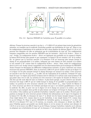 32 CHAPITRE 5. MOL´ECULES ORGANIQUES CARBON´EES
Fig. 5.3 — Spectres NEXAFS de l’ac´etyl`ene pour E parall`ele `a la surface.
silicium. Comme la structure associ´ee `a un ´etat π−π `a 283.8 eV est pr´esent dans toutes les g´eom´etries
mesur´ees, on consid`ere que la mol´ecule d’ac´etyl`ene poss`ede une hybridation de type sp2. Dans ce cas
les conﬁgurations d’adsorption o`u la mol´ecule est li´ee `a deux dim`eres de silicium (ﬁgure 5.1 (d) et (e))
peuvent ˆetre ´elimin´ees car elles ne pr´esentent pas de re-hybridation de type sp2. Les conﬁgurations
restantes compatibles avec les mesures NEXAFS sont les suivantes : dimerized, broken − dimer et
end − bridge. La conﬁguration broken − dimer est ´egalement peu probable car en cassant le dim`ere,
la liaison Si-Si devient plus grande et par cons´equent, la liaison C-Si est orient´ee `a 45◦ de la surface.
Or, on observe que la structure associ´ee `a la r´esonance C-Si est beaucoup plus intense lorsque le
champ E est perpendiculaire `a la surface, indiquant que cette liaison est bien normale `a la surface
et non orient´ee `a 45◦ comme dans la conﬁguration broken − dimer. Ainsi, seules les conﬁgurations
dimerized et end−bridge restent compatibles avec les observations faites par la technique du NEXAFS.
Avant d’essayer de discriminer les diﬀ´erentes conﬁgurations restantes, on peut s’int´eresser aux autres
structures des spectres NEXAFS. Ainsi, la structure `a 288.4 eV qui est visible `a la fois sur la ﬁgure 5.2
et la ﬁgure 5.3 est plus marqu´ee lorsque le champ ´electrique est normal `a la surface. Cette structure
est associ´ee `a une ´etat du type σC−H, en eﬀet, lors de l’adsorption de la mol´ecule, l’orbitale C-C anti-
liante de type π se s´epare pour former la liaison entre le silicium et le carbone mais aussi la liaison C-H
qui pointe alors vers le vide. La notation de cette structure a ´et´e reprise de donn´ees de Matsui et al.
[54] chez qui elle avait d´ej`a ´et´e mise en ´evidence. A plus haute ´energie, on peut observer une derni`ere
structure tr`es large `a 299 eV qui est visible lorsque le champ E est parall`ele ou perpendiculaire `a la
surface. La position de cette structure co¨ıncide avec l’´etat d´enot´e σC−C dans l’article de Matsui et
al.. Cette structure qui d´erive de l’orbitale anti-liante de type σ est orient´ee parall`element `a l’axe de
la mol´ecule. En eﬀet, on peut voir sur la ﬁgure 5.2 o`u le champ est normal `a la surface, que cette
structure est peu marqu´ee alors qu’elle est plus intense sur la ﬁgure 5.3 lorsque le champ est parall`ele
`a la surface. Cela conﬁrme que la mol´ecule d’ac´etyl`ene s’adsorbe `a plat sur la surface. D’autre part la
position en ´energie de cette structure permet d’obtenir des informations sur le type et la longueur de
la liaison C-C. En eﬀet, la r´esonance de type σ se d´ecale vers les basses ´energies lorsque l’on passe
d’une triple liaison C-C, comme dans le cas de l’ac´etyl`ene, `a une simple liaison C-C, comme dans
le cas de l’´ethane [7]. Dans le spectre NEXAFS de l’ac´etyl`ene gazeux, la r´esonance σ se situe vers
310 eV et la distance C-C vaut 1.3 ˚A environ, en revanche, cette r´esonance se d´ecale vers 300 eV
pour l’´ethyl`ene gazeux qui poss`ede une double liaison et o`u les atomes de carbone sont distants de
1.52 ˚A et on la trouve vers 290 eV dans le cas de l’´ethane. Lorsque l’ac´etyl`ene s’adsorbe sur le silicium
en adoptant une re-hybridation de type sp2, la r´esonance σ est attendue aux environs de 300 eV alors
 