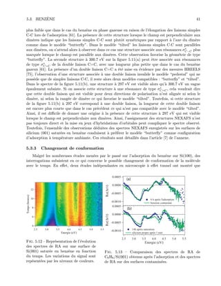 5.3. BENZ`ENE 41
plus faible que dans le cas du benz`ene en phase gazeuse en raison de l’´elongation des liaisons simples
C-C lors de l’adsorption [61]. La pr´esence de cette structure lorsque le champ est perpendiculaire aux
dim`eres indique que les liaisons simples C-C sont plutˆot sym´etriques par rapport `a l’axe du dim`ere
comme dans le mod`ele “butterﬂy”. Dans le mod`ele “tilted” les liaisons simples C-C sont parall`eles
aux dim`eres, on s’attend alors `a observer dans ce cas une structure associ´ee aux r´esonances σ∗
C−C plus
marqu´ee lorsque le champ est parall`ele aux dim`eres. Cette observation favorise la g´eom´etrie de type
“butterﬂy”. La seconde structure `a 300.7 eV sur la ﬁgure 5.11(a) peut ˆetre associ´ee aux r´esonances
de type σ∗
C=C de la double liaison C=C, avec une longueur plus petite que dans le cas du benz`ene
gazeux [61]. La pr´esence d’un double liaison C=C a ´et´e mise en ´evidence par des mesures HREELS
[75], l’observation d’une structure associ´ee `a une double liaison invalide le mod`ele “pedestal” qui ne
poss`ede que de simples liaisons C-C, il reste alors deux mod`eles compatibles : “butterﬂy” et “tilted”.
Dans le spectre de la ﬁgure 5.11(b), une structure `a 297 eV est visible alors qu’`a 300.7 eV un vague
´epaulement subsiste. Si on associe cette structure `a une r´esonance de type σ∗
C=C, cela voudrait dire
que cette double liaison qui est visible pour deux directions de polarisation n’est align´ee ni selon le
dim`ere, ni selon la rang´ee de dim`ere ce qui favorise le mod`ele “tilted”. Toutefois, si cette structure
de la ﬁgure 5.11(b) `a 297 eV correspond `a une double liaison, la longueur de cette double liaison
est encore plus courte que dans le cas pr´ec´edent ce qui n’est pas compatible avec le mod`ele “tilted”.
Ainsi, il est diﬃcile de donner une origine `a la pr´esence de cette structure `a 297 eV qui est visible
lorsque le champ est perpendiculaire aux dim`eres. Ainsi, l’assignement des structures NEXAFS n’est
pas toujours direct et la mise en jeux d’hybridations d’orbitales peut compliquer le spectre observ´e.
Toutefois, l’ensemble des observations d´eduites des spectres NEXAFS enregistr´es sur les surfaces de
silicium (001) satur´ees en benz`ene conduisent `a pr´ef´erer le mod`ele “butterﬂy” comme conﬁguration
d’adsorption `a temp´erature ambiante. Ces r´esultats sont d´etaill´es dans l’article [7] de l’annexe.
5.3.3 Changement de conformation
Malgr´e les nombreuses ´etudes men´ees par le pass´e sur l’adsorption du benz`ene sur Si(100), des
interrogations subsistent en ce qui concerne le possible changement de conformation de la mol´ecule
avec le temps. En eﬀet, deux ´etudes ind´ependantes en microscopie `a eﬀet tunnel ont montr´e que
Fig. 5.12 — Repr´esentation de l’´evolution
des spectres de RA sur une surface de
Si(001) satur´ee en benz`ene en fonction
du temps. Les variations du signal sont
rep´esent´ees par les niveaux de couleurs.
(a)
(b)
-0.0010
-0.0005
0.0000
0.0005
Re(∆r/r)
5.55.04.54.03.53.02.5
Energie (eV)
 14h après saturation
 silicium propre après 1 nuit
-0.0010
-0.0005
0.0000
0.0005
Re(∆r/r)
 6 h après l'adsorption
 benzène contaminé
Fig. 5.13 — Comparaison des spectres de RA de
C6H6/Si(001) obtenus apr`es l’adsorption et des spectres
de RA sur des surfaces contamin´ees.
 