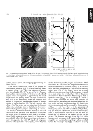 ANNEXE1
surface, one can obtain hills occupying approximately 5%
of the surface.
After several regeneration cycles of the surface by
annealing the sample at 1050 °C for several seconds under
a pressure below 5 · 10À10
Torr, the maximum of anisot-
ropy has reduced to 2.5 · 10À3
as seen in Fig. 1(e). This sur-
face has been explored with the STM; close to well-ordered
regions we can see large hills of approximately 4–6 nm of
height which are pinning points for steps accumulation
(Fig. 1(b)). It has been already shown that annealing pro-
cedures of vicinal (100) silicon surface gives rise to the for-
mation of surface facetings [23]. The hills represent only
about 15% of the surface and can not explain the decrease
of the total anisotropy. Close to the hills, we observe sys-
tematically large areas occupied with mixing of domains.
This mixing of domains explains the decrease of the total
anisotropy in the spectrum. Now we can try to quantify
the mixing of the two domains by using the RAS technique.
In the freshly prepared surface about 5% of the surface is
covered with hills, which do not contribute to the anisot-
ropy. Consequently, the total RA signal only originates
from the other part of the surface (95%), and is therefore
smaller than the expected RA signal recorded on a defect
free surface. We can deduce that the presence of hills leads
to an undervaluation of 5% in the quantity Dr
r
. As the mea-
sured spectrum corresponds to a mixing of the two do-
mains with 10% of the dimers which are oriented
diﬀerently, we can extrapolate the RA spectrum obtained
on an ideal surface free of hills, where 100% of the dimers
are oriented in the same direction. When doing so, the RA
spectrum, called Dr
r
À Á
ideal
, has an anisotropy of 5.5 · 10À3
;
such a large anisotropy has never been observed on
Si(001) surfaces. The anisotropic signature of an actual sil-
icon surface is a linear combination of the RA signals from
the two domains and can be expressed by the expression:
A Dr
r
À Á
ideal
À ð1 À AÞ Dr
r
À Á
ideal
where A is the percentage of
the majority domain. In order to validate our hypothesis,
Fig. 2(b) shows the RA spectrum recorded on a freshly pre-
pared 2° vicinal surface (open circles) that has been in-
creased by 5% because of the presence of hills on the
surface. The simulated spectrum, in the Fig. 2(b) (plain
line), correctly reproduces the 2° vicinal surface spectrum,
except for low energies, by using the procedure described
before; the anisotropic signal Dr
r
À Á
2
 is obtained by using
4nm
4nm
-3
-2
-1
0
1
Re(r/r)x10
-3
-3
-2
-1
0
1
Re(r/r)x10
-3
-3
-2
-1
0
1
Re(r/r)x10
-3
5.55.04.54.03.53.02.52.01.5
Energy (eV)
E2E1 E'0
Fig. 1. (a) STM images (current mode) 80 · 80 nm2
of the fresh 4° vicinal silicon surface; (b) STM images (current mode) 80 · 80 nm2
of the deteriorated
4° vicinal silicon surface; (c) RA spectrum of clean nominal silicon surface; (d) RA spectrum of a freshly 4° vicinal silicon surface; (e) RA spectrum of
deteriorated 4° vicinal surface.
5144 N. Witkowski et al. / Surface Science 600 (2006) 5142–5149
 