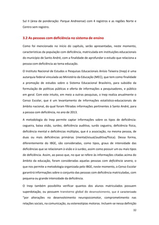 32
Sul II (área de ponderação: Parque Andreense) com 4 registros e as regiões Norte e
Centro sem registro.
3.2 As pessoas com deficiência no sistema de ensino
Como foi mencionado no início do capítulo, serão apresentadas, neste momento,
características da população com deficiência, matriculada em instituições educacionais
do município de Santo André, com a finalidade de aprofundar o estudo que relaciona a
pessoa com deficiência ao tema educação.
O Instituto Nacional de Estudos e Pesquisas Educacionais Anísio Teixeira (Inep) é uma
autarquia federal vinculada ao Ministério da Educação (MEC), que tem como finalidade
a promoção de estudos sobre o Sistema Educacional Brasileiro, para subsídio da
formulação de políticas públicas e oferta de informações a pesquisadores, e público
em geral. Com este intuito, em meio a outras pesquisas, o Inep realiza anualmente o
Censo Escolar, que é um levantamento de informações estatístico-educacionais de
âmbito nacional, do qual foram filtradas informações pertinentes à Santo André, para
a pessoa com deficiência, no ano de 2013.
A metodologia do Inep permite captar informações sobre os tipos de deficiência:
cegueira, baixa visão, surdez, deficiência auditiva, surdo cegueira, deficiência física,
deficiência mental e deficiências múltiplas, que é a associação, na mesma pessoa, de
duas ou mais deficiências primárias (mental/visual/auditiva/física). Dessa forma,
diferentemente do IBGE, são consideradas, como tipos, graus de intensidade das
deficiências que se relacionam à visão e à surdez, assim como possuir um ou mais tipos
de deficiência. Assim, ao passo que, no que se refere às informações citadas acima do
âmbito da educação, foram consideradas aquelas pessoas com deficiência severa, o
que nos permite a metodologia organizada pelo IBGE, neste momento, o Censo Escolar
garantirá informações sobre o conjunto das pessoas com deficiência matriculadas, com
pequena ou grande intensidade da deficiência.
O Inep também possibilita verificar quantos dos alunos matriculados possuem
superdotação, ou possuem transtorno global do desenvolvimento, que é caracterizado
“por alterações no desenvolvimento neuropsicomotor, comprometimento nas
relações sociais, na comunicação, ou estereotipias motoras. Incluem-se nessa definição
 