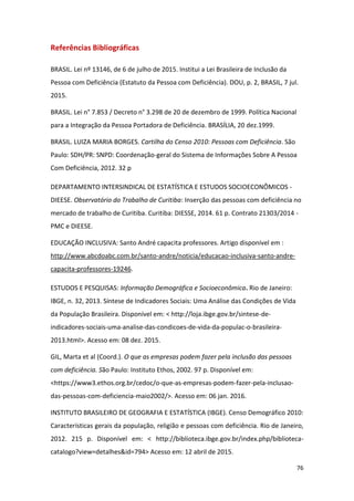 76
Referências Bibliográficas
BRASIL. Lei nº 13146, de 6 de julho de 2015. Institui a Lei Brasileira de Inclusão da
Pessoa com Deficiência (Estatuto da Pessoa com Deficiência). DOU, p. 2, BRASIL, 7 jul.
2015.
BRASIL. Lei n° 7.853 / Decreto n° 3.298 de 20 de dezembro de 1999. Política Nacional
para a Integração da Pessoa Portadora de Deficiência. BRASÍLIA, 20 dez.1999.
BRASIL. LUIZA MARIA BORGES. Cartilha do Censo 2010: Pessoas com Deficiência. São
Paulo: SDH/PR: SNPD: Coordenação-geral do Sistema de Informações Sobre A Pessoa
Com Deficiência, 2012. 32 p
DEPARTAMENTO INTERSINDICAL DE ESTATÍSTICA E ESTUDOS SOCIOECONÔMICOS -
DIEESE. Observatório do Trabalho de Curitiba: Inserção das pessoas com deficiência no
mercado de trabalho de Curitiba. Curitiba: DIESSE, 2014. 61 p. Contrato 21303/2014 -
PMC e DIEESE.
EDUCAÇÃO INCLUSIVA: Santo André capacita professores. Artigo disponível em :
http://www.abcdoabc.com.br/santo-andre/noticia/educacao-inclusiva-santo-andre-
capacita-professores-19246.
ESTUDOS E PESQUISAS: Informação Demográfica e Socioeconômica. Rio de Janeiro:
IBGE, n. 32, 2013. Síntese de Indicadores Sociais: Uma Análise das Condições de Vida
da População Brasileira. Disponível em: < http://loja.ibge.gov.br/sintese-de-
indicadores-sociais-uma-analise-das-condicoes-de-vida-da-populac-o-brasileira-
2013.html>. Acesso em: 08 dez. 2015.
GIL, Marta et al (Coord.). O que as empresas podem fazer pela inclusão das pessoas
com deficiência. São Paulo: Instituto Ethos, 2002. 97 p. Disponível em:
<https://www3.ethos.org.br/cedoc/o-que-as-empresas-podem-fazer-pela-inclusao-
das-pessoas-com-deficiencia-maio2002/>. Acesso em: 06 jan. 2016.
INSTITUTO BRASILEIRO DE GEOGRAFIA E ESTATÍSTICA (IBGE). Censo Demográfico 2010:
Características gerais da população, religião e pessoas com deficiência. Rio de Janeiro,
2012. 215 p. Disponível em: < http://biblioteca.ibge.gov.br/index.php/biblioteca-
catalogo?view=detalhes&id=794> Acesso em: 12 abril de 2015.
 