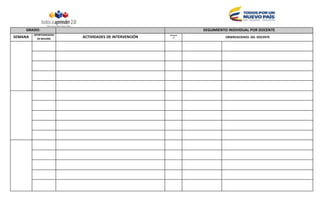 GRADO: SEGUIMIENTO INDIVIDUAL POR DOCENTE
SEMANA
OPORTUNIDADES
DEMEJORA
ACTIVIDADES DE INTERVENCIÓN
Chequeo
 OBSERVACIONES DEL DOCENTE
 