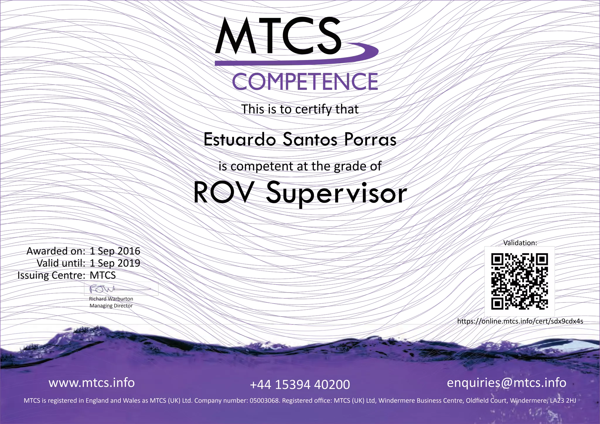 Estuardo Santos Porras ROV Supervisor Competence Certificate PPT