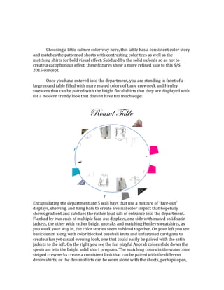 Choosing a little calmer color way here, this table has a consistent color story
and matches the patterned shorts with contrasting color tees as well as the
matching shirts for bold visual effect. Subdued by the solid oxfords so as not to
create a cacophonous effect, these fixtures show a more refined side to this S/S
2015 concept.
Once you have entered into the department, you are standing in front of a
large round table filled with more muted colors of basic crewneck and Henley
sweaters that can be paired with the bright floral shirts that they are displayed with
for a modern trendy look that doesn’t have too much edge:
Encapsulating the department are 5 wall bays that use a mixture of “face-out”
displays, shelving, and hang bars to create a visual color impact that hopefully
shows gradient and subdues the rather loud call of entrance into the department.
Flanked by two ends of multiple face-out displays, one side with muted solid satin
jackets, the other with rather bright anoraks and matching Henley sweatshirts, as
you work your way in, the color stories seem to blend together, On your left you see
basic denim along with color blocked baseball knits and unfastened cardigans to
create a fun yet casual evening look, one that could easily be paired with the satin
jackets to the left. On the right you see the fun playful Anorak colors slide down the
spectrum into the bright solid short program. The matching colors in the watercolor
striped crewnecks create a consistent look that can be paired with the different
denim shirts, or the denim shirts can be worn alone with the shorts, perhaps open,
Round Table
 