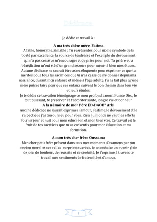 2
Je dédie ce travail à :
A ma très chère mère Fatima
Affable, honorable, aimable : Tu représentes pour moi le symbole de la
bonté par excellence, la source de tendresse et l’exemple du dévouement
qui n’a pas cessé de m’encourager et de prier pour moi. Ta prière et ta
bénédiction m’ont été d’un grand secours pour mener à bien mes études.
Aucune dédicace ne saurait être assez éloquente pour exprimer ce que tu
mérites pour tous les sacrifices que tu n’as cessé de me donner depuis ma
naissance, durant mon enfance et même à l’âge adulte. Tu as fait plus qu’une
mère puisse faire pour que ses enfants suivent le bon chemin dans leur vie
et leurs études.
Je te dédie ce travail en témoignage de mon profond amour. Puisse Dieu, le
tout puissant, te préserver et t’accorder santé, longue vie et bonheur.
A la mémoire de mon Père ED-DAOUY Arbi
Aucune dédicace ne saurait exprimer l’amour, l’estime, le dévouement et le
respect que j’ai toujours eu pour vous. Rien au monde ne vaut les efforts
fournis jour et nuit pour mon éducation et mon bien être. Ce travail est le
fruit de tes sacrifices que tu as consentis pour mon éducation et ma
formation.
A mon très cher frère Oussama
Mon cher petit frère présent dans tous mes moments d’examens par son
soutien moral et ses belles surprises sucrées. Je te souhaite un avenir plein
de joie, de bonheur, de réussite et de sérénité. Je t’exprime à travers ce
travail mes sentiments de fraternité et d’amour.
 