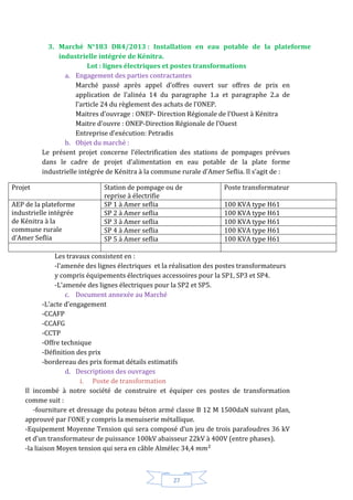 27
3. Marché N°183 DR4/2013 : Installation en eau potable de la plateforme
industrielle intégrée de Kénitra.
Lot : lignes électriques et postes transformations
a. Engagement des parties contractantes
Marché passé après appel d’offres ouvert sur offres de prix en
application de l’alinéa 14 du paragraphe 1.a et paragraphe 2.a de
l’article 24 du règlement des achats de l’ONEP.
Maitres d’ouvrage : ONEP- Direction Régionale de l’Ouest à Kénitra
Maitre d’ouvre : ONEP-Direction Régionale de l’Ouest
Entreprise d’exécution: Petradis
b. Objet du marché :
Le présent projet concerne l’électrification des stations de pompages prévues
dans le cadre de projet d’alimentation en eau potable de la plate forme
industrielle intégrée de Kénitra à la commune rurale d’Amer Seflia. Il s’agit de :
Projet Station de pompage ou de
reprise à électrifie
Poste transformateur
AEP de la plateforme
industrielle intégrée
de Kénitra à la
commune rurale
d’Amer Seflia
SP 1 à Amer seflia 100 KVA type H61
SP 2 à Amer seflia 100 KVA type H61
SP 3 à Amer seflia 100 KVA type H61
SP 4 à Amer seflia 100 KVA type H61
SP 5 à Amer seflia 100 KVA type H61
Les travaux consistent en :
-l’amenée des lignes électriques et la réalisation des postes transformateurs
y compris équipements électriques accessoires pour la SP1, SP3 et SP4.
-L’amenée des lignes électriques pour la SP2 et SP5.
c. Document annexée au Marché
-L’acte d’engagement
-CCAFP
-CCAFG
-CCTP
-Offre technique
-Définition des prix
-bordereau des prix format détails estimatifs
d. Descriptions des ouvrages
i. Poste de transformation
Il incombé à notre société de construire et équiper ces postes de transformation
comme suit :
-fourniture et dressage du poteau béton armé classe B 12 M 1500daN suivant plan,
approuvé par l’ONE y compris la menuiserie métallique.
-Equipement Moyenne Tension qui sera composé d’un jeu de trois parafoudres 36 kV
et d’un transformateur de puissance 100kV abaisseur 22kV à 400V (entre phases).
-la liaison Moyen tension qui sera en câble Almélec 34,4
 
