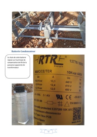 52
Batterie Condensateur
Le choix de cette batterie
repose sur le principe de
compensation de 6% de la
puissance apparente de
transformateur
 