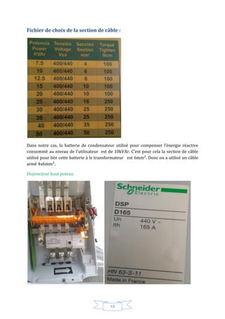 53
Fichier de choix de la section de câble :
Dans notre cas, la batterie de condensateur utilisé pour compenser l’énergie réactive
consommé au niveau de l’utilisateur est de 10kVAr. C’est pour cela la section de câble
utilisé pour liée cette batterie à le transformateur est 6 . Donc on a utilisé un câble
armé 4x6 .
Disjoncteur haut poteau
 