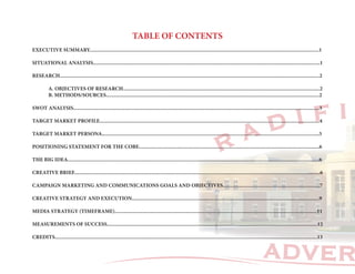 ADVER
R A D I F I
TABLE OF CONTENTS
EXECUTIVE SUMMARY........................................................................................................................................................................1
SITUATIONAL ANALYSIS......................................................................................................................................................................1
RESEARCH..............................................................................................................................................................................................2
	 A. OBJECTIVES OF RESEARCH................................................................................................................................................2
	 B. METHODS/SOURCES............................................................................................................................................................2
SWOT ANALYSIS....................................................................................................................................................................................3
TARGET MARKET PROFILE.................................................................................................................................................................4
TARGET MARKET PERSONA...............................................................................................................................................................5
POSITIONING STATEMENT FOR THE COBE....................................................................................................................................6
THE BIG IDEA........................................................................................................................................................................................6
CREATIVE BRIEF....................................................................................................................................................................................6
CAMPAIGN MARKETING AND COMMUNICATIONS GOALS AND OBJECTIVES.......................................................................7
CREATIVE STRATEGY AND EXECUTION.........................................................................................................................................9
MEDIA STRATEGY (TIMEFRAME)....................................................................................................................................................11
MEASUREMENTS OF SUCCESS..........................................................................................................................................................12
CREDITS................................................................................................................................................................................................13
 