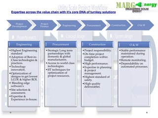 Expertise across the value chain with it’s core DNA of turnkey solutions	
Engineering	
• Highest  Engineering  
standard	
• Adoption  of  Best-­‐‑in-­‐‑
Class  technologies  &  
practices.	
• Technology  
innovation.	
• Optimization  of  
designs  to  get  lowest  
LCOE  &  higher  ROI.	
•   Bleeding  edge  
software'ʹs	
• Site  selection  &  
assessment.	
• Expertise  &  
Experience  in-­‐‑house.	
Procurement	
• Strategic  Long  term  
partnerships  with  
domestic  &  global  
manufacturers.	
• Access  to  world  class  
technologies.	
• JIT  techniques  for  
optimization  of  
project  resources.	
Construction	
• Project  responsibility.	
• On  time  project  
completion  within  
budget.	
• High  performance.	
• Expertise  in  planning  
&  project  
management.	
• Highest  standard  of  
safety.	
• High  quality  
deliverables.	
O  &  M	
• Stable  performance  
maintained  during  
operation.	
• Remote  monitoring.	
• Dependability  on  
automated  processes.	
Project  
Development	
Project  
Finance	
 Engineering	
 Procurement	
 Construction	
 O  &  M  	
 