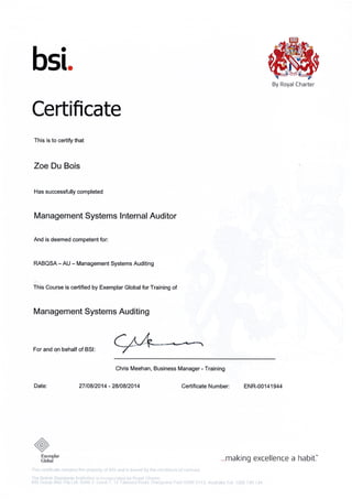 Management System Internal Auditor Certificate BSI - Zoe Du Bois