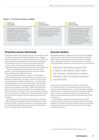Proactive versus distressed
To identify the factors that underpin strength, we selected a number
of European companies that responded quickly to the changing
market conditions in the run-up to the financial crisis of 2008. They
did so by implementing significant cost reductions in preparation
for the downturn to come. In the two years following the cost
reductions, they achieved a significantly better performance
compared with the companies that had not made such preparations.
Proactive companies responded before their performance
declined — unlike the distressed companies, which did not take
action to address their underperformance.
Making a distinction between “proactive” and “distressed”
firms is probably the most crucial identifier in our research. This
distinction is supported by Jim Collins (2001) in his book Good
to great: why some companies make the leap ... and others don’t.
He identified that a common trait among “great” firms was that
they all reacted quickly to change by facing up to the facts and
taking action accordingly. Tom Peters (1984) described similar
traits in his book In search of excellence. He found eight themes
that were common to “excellent” firms, one of which was that they
had a “bias for action.” In other words, if the environment changes,
and if the market conditions worsen, excellent firms take action
and adapt.
We studied a group of firms that reacted quickly to changing
market conditions by implementing major cost reductions. These
firms did so either for proactive reasons or for distressed reasons.
We investigated whether these two groups of firms had different
scores on carefully selected success factors.
Success factors
Management literature suggests a series of factors that underpin
superior performance. These include levels of debt, boardroom
gender balance, ownership structure, the strength of a binding
mission statement and common culture and levels of corporate
social responsibility. However, our study focused on three important
factors that could be tracked and measured. These factors,
or “visionary variables” as we call them in the study, are partly
informed by the book Built to Last,1
in which the authors highlight
“visionary habits” as the defining factors for successful companies.
Our key visionary variables are: the degree of innovation, the
degree of centralization and the degree of internally sourced CEOs
(see Figure 1).
We anticipated a stronger relationship between the three
visionary variables and proactive companies than with distressed
companies. If proved true, this would help to explain why proactive
companies continue to grow stronger and record a more stable
financial performance.
Figure 1. The three visionary variables
1 2 3Degree of
innovation
Degree of
centralization
Internally
sourced CEO
A high degree of innovation is an indication
that a company focuses on long-term
profitability. Consistent investments in
innovation will enable a company to keep
renewing itself, so it can adapt to the market
and stay ahead of the competition. It ensures
long-term stability and allows a company
to be creative and respond to changing
market demands with innovative products.
A high degree of centralization indicates
that the company can look at the impact of
decision-making on the whole organization.
Centralization is often the answer to
improved operational efficiency and plays
a key role in controlling costs.
Internally sourced CEOs are those who are
trained and educated within the company,
instead of being recruited from outside.
This is important because an internally
sourced CEO is often better equipped
to understand and build on the company’s
core identity, values and purpose.
Having an internally sourced CEO is likely
to strengthen unity within the company,
leading to increased retention rates among
the brightest and best staff.
57
What factors determine long-term solid financial performance?
Having an internally sourced CEO
is likely to strengthen unity within
the company, leading to increased
retention rates among the brightest
and best staff.
1.	 J. Collins and J. Porras, Built to Last, New York: HarperCollinsPublishers, 1994.
 
