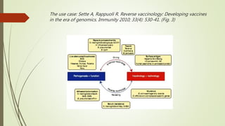 The use case: Sette A, Rappuoli R. Reverse vaccinology: Developing vaccines
in the era of genomics. Immunity 2010; 33(4): 530-41. (Fig. 3)
 