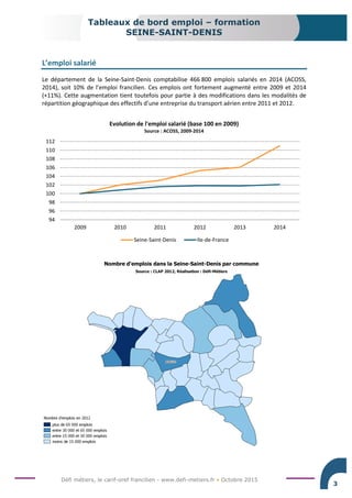 Défi métiers, le carif-oref francilien - www.defi-metiers.fr • Octobre 2015
Tableaux de bord emploi – formation
SEINE-SAINT-DENIS
3
L’emploi salarié
Le département de la Seine-Saint-Denis comptabilise 466 800 emplois salariés en 2014 (ACOSS,
2014), soit 10% de l’emploi francilien. Ces emplois ont fortement augmenté entre 2009 et 2014
(+11%). Cette augmentation tient toutefois pour partie à des modifications dans les modalités de
répartition géographique des effectifs d’une entreprise du transport aérien entre 2011 et 2012.
94
96
98
100
102
104
106
108
110
112
2009 2010 2011 2012 2013 2014
Evolution de l'emploi salarié (base 100 en 2009)
Source : ACOSS, 2009-2014
Seine-Saint-Denis Ile-de-France
 