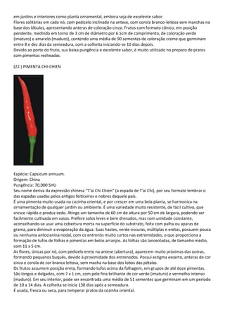 em jardins e interiores como planta ornamental, embora seja de excelente sabor.
Flores solitárias em cada nó, com pedicelo inclinado na antese, com corola branco-leitosa sem manchas na
base dos lóbulos, apresentando anteras de coloração cinza. Frutos com formato cônico, em posição
pendente, medindo em torno de 3 cm de diâmetro por 6.5cm de comprimento, de coloração verde
(imaturo) e amarelo (maduro), contendo uma média de 90 sementes de coloração creme que germinam
entre 8 e dez dias da semeadura, com a colheita iniciando-se 10 dias depois.
Devido ao porte do fruto, sua baixa pungência e excelente sabor, é muito utilizado no preparo de pratos
com pimentas recheadas.
(22.) PIMENTA CHI-CHIEN
Espécie: Capsicum annuum.
Origem: China
Pungência: 70,000 SHU
Seu nome deriva da expressão chinesa “T'ai Chi Chien” (a espada de T'ai Chi), por seu formato lembrar o
das espadas usadas pelos antigos feiticeiros e nobres daquele país.
É uma pimenta muito usada na cozinha oriental, e por crescer em uma bela planta, se harmoniza na
ornamentação de qualquer jardim ou ambiente. É uma variedade muito resistente, de fácil cultivo, que
cresce rápido e produz cedo. Atinge um tamanho de 60 cm de altura por 50 cm de largura, podendo ser
facilmente cultivada em vasos. Prefere solos leves e bem drenados, mas com umidade constante,
aconselhando-se usar uma cobertura morta na superfície do substrato, feita com palha ou aparas de
grama, para diminuir a evaporação da água. Suas hastes, verde-escuras, múltiplas e eretas, possuem pouca
ou nenhuma antocianina nodal, com os entrenós muito curtos nas extremidades, o que proporciona a
formação de tufos de folhas e pimentas em belos arranjos. As folhas são lanceoladas, de tamanho médio,
com 11 x 5 cm.
As flores, únicas por nó, com pedicelo ereto na antese (abertura), aparecem muito próximas das outras,
formando pequenos buquês, devido à proximidade dos entrenodos. Possui estigma excerto, anteras de cor
cinza e corola de cor branca leitosa, sem macha na base dos lobos das pétalas.
Os frutos assumem posição ereta, formando tufos acima da folhagem, em grupos de até doze pimentas.
São longos e delgados, com 7 x 1 cm, com pele fina brilhante de cor verde (imaturo) e vermelho intenso
(maduro). Em seu interior, pode ser encontrada uma média de 51 sementes que germinam em um período
de 10 a 14 dias. A colheita se inicia 130 dias após a semeadura.
É usada, fresca ou seca, para temperar pratos da cozinha oriental.
 