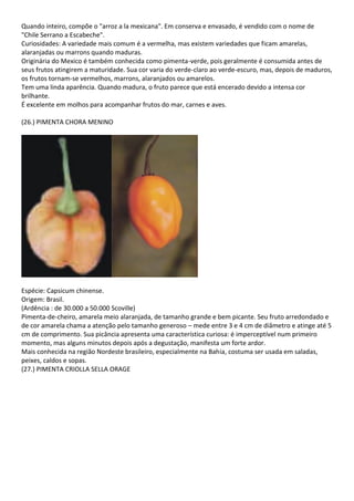 Quando inteiro, compõe o "arroz a la mexicana". Em conserva e envasado, é vendido com o nome de
"Chile Serrano a Escabeche".
Curiosidades: A variedade mais comum é a vermelha, mas existem variedades que ficam amarelas,
alaranjadas ou marrons quando maduras.
Originária do Mexico é também conhecida como pimenta-verde, pois geralmente é consumida antes de
seus frutos atingirem a maturidade. Sua cor varia do verde-claro ao verde-escuro, mas, depois de maduros,
os frutos tornam-se vermelhos, marrons, alaranjados ou amarelos.
Tem uma linda aparência. Quando madura, o fruto parece que está encerado devido a intensa cor
brilhante.
É excelente em molhos para acompanhar frutos do mar, carnes e aves.
(26.) PIMENTA CHORA MENINO
Espécie: Capsicum chinense.
Origem: Brasil.
(Ardência : de 30.000 a 50.000 Scoville)
Pimenta-de-cheiro, amarela meio alaranjada, de tamanho grande e bem picante. Seu fruto arredondado e
de cor amarela chama a atenção pelo tamanho generoso – mede entre 3 e 4 cm de diâmetro e atinge até 5
cm de comprimento. Sua picância apresenta uma característica curiosa: é imperceptível num primeiro
momento, mas alguns minutos depois após a degustação, manifesta um forte ardor.
Mais conhecida na região Nordeste brasileiro, especialmente na Bahia, costuma ser usada em saladas,
peixes, caldos e sopas.
(27.) PIMENTA CRIOLLA SELLA ORAGE
 