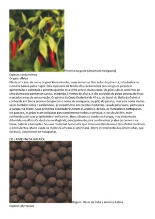 Pimenta da guiné (Amomum melegueta)
Espécie: cardamomos
Origem: África
Planta africana, de nome original kimba-kumba, cujas sementes têm ardor de pimenta, introduzida na
culinária baiana pelos nagôs. Esta especiaria da família dos cardamomos tem um gosto picante e
apimentado e substituía a pimenta quando esta tinha preços muito caros. Os grãos são as sementes de
uma planta que parece um caniço, atingindo 2 metros de altura, e são extraídos da polpa amarga do fruto
e secados antes da consumação. Originária da Costa Ocidental da África, do litoral do Golfo da Guiné, é
conhecida em Sierra Leone e Congo com o nome de malagueta, ou grão do paraíso, mas este nome muitas
vezes também indica o cardamomo, principalmente em receitas medievais. Levada pelo Saara, partiu para
a Europa via Trípoli. Seus primeiros exportadores foram os árabes e, depois, os mercadores portugueses.
No passado, os grãos eram utilizados para condimentar vinhos e cervejas, e, no século XVII, eram
conhecidos por suas propriedades tonificantes. Hoje, são pouco usadas na Europa, mas ainda muito
difundidas na África Ocidental e no Maghreb, principalmente para condimentar pratos de carneiro na
brasa, batatas e berinjelas. Seu uso medicinal demonstra que diminuem flatulência e têm efeitos diuréticos
e estimulantes. Muito usada na medicina africana e veterinária. Difere inteiramente das pimentinhas, que
no Brasil, denominam-se malaguetas.
(31.) PIMENTA DA JAMAICA
Origem: Oeste da Índia e América Latina
Espécie: Myrtaceae
 