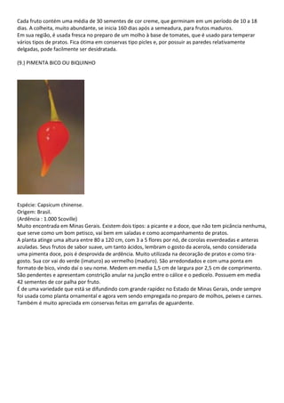 Cada fruto contém uma média de 30 sementes de cor creme, que germinam em um período de 10 a 18
dias. A colheita, muito abundante, se inicia 160 dias após a semeadura, para frutos maduros.
Em sua região, é usada fresca no preparo de um molho à base de tomates, que é usado para temperar
vários tipos de pratos. Fica ótima em conservas tipo picles e, por possuir as paredes relativamente
delgadas, pode facilmente ser desidratada.
(9.) PIMENTA BICO OU BIQUINHO
Espécie: Capsicum chinense.
Origem: Brasil.
(Ardência : 1.000 Scoville)
Muito encontrada em Minas Gerais. Existem dois tipos: a picante e a doce, que não tem picância nenhuma,
que serve como um bom petisco, vai bem em saladas e como acompanhamento de pratos.
A planta atinge uma altura entre 80 a 120 cm, com 3 a 5 flores por nó, de corolas esverdeadas e anteras
azuladas. Seus frutos de sabor suave, um tanto ácidos, lembram o gosto da acerola, sendo considerada
uma pimenta doce, pois é desprovida de ardência. Muito utilizada na decoração de pratos e como tira-
gosto. Sua cor vai do verde (imaturo) ao vermelho (maduro). São arredondados e com uma ponta em
formato de bico, vindo daí o seu nome. Medem em media 1,5 cm de largura por 2,5 cm de comprimento.
São pendentes e apresentam constrição anular na junção entre o cálice e o pedicelo. Possuem em media
42 sementes de cor palha por fruto.
É de uma variedade que está se difundindo com grande rapidez no Estado de Minas Gerais, onde sempre
foi usada como planta ornamental e agora vem sendo empregada no preparo de molhos, peixes e carnes.
Também é muito apreciada em conservas feitas em garrafas de aguardente.
 