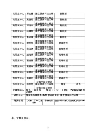 共同主持人   郭文健 國立屏東科技大學            副教授
            環境科學與工程系
共同主持人   黃益助 國立屏東科技大學            副教授
            環境科學與工程系
共同主持人   邱瑞宇 國立屏東科技大學            副教授
            環境科學與工程系
共同主持人   林耀堅 國立屏東科技大學            副教授
            環境科學與工程系
共同主持人   黃武章 國立屏東科技大學            副教授
            環境科學與工程系
共同主持人   謝季吟 國立屏東科技大學           助理教授
            環境科學與工程系
共同主持人   余伍洲 國立屏東科技大學           助理教授
            環境科學與工程系
共同主持人   趙浩然 國立屏東科技大學           助理教授
            環境科學與工程系
共同主持人   謝連德 國立屏東科技大學           助理教授
            環境科學與工程系
共同主持人   黃國琳 國立屏東科技大學           助理教授
            環境科學與工程系
共同主持人   陳冠中 國立屏東科技大學           助理教授
            環境科學與工程系
共同主持人   傅龍明 國立屏東科技大學           助理教授
             材料工程研究所
共同主持人   陳文照 國立屏東科技大學             教授         所長
              材料工程研究所
計畫聯絡人 姓 名 ： 薩 支 高 電 話 ： （ 公 ） （ 08 ） 7703202 轉
      7084
 通訊地址 屏東縣內埔鄉 91201 學府路 1 號 國立屏東科技大學

傳真號碼    （08）77402   E-mail   jsah@mail.npust.edu.tw
           56




參、背景及現況：



                      7
 