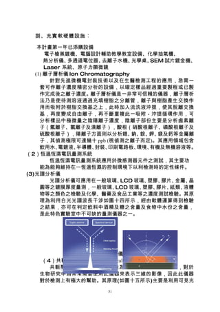 捌、充實軟硬體 設施︰

    本計畫第一年已添購設備
       電子槍蒸鍍機、電腦設計輔助教學教室設備、化學抽氣櫃、
       熱分析儀、  多通道電位器、  去離子水機、   光學桌、SEM 試片鍍金機、
       Laser 系統、原子力顯微鏡
   (1) 離子層析儀 Ion Chromatography
         針對先進微機電封裝技術以及在生醫檢測工程的應用，急需一
     套可作離子濃度精密分析的設備，以確定樣品經過重要製程或已製
     作完成後之離子濃度。離子層析儀是一非常可信賴的儀器，離子層析
     法乃是使待測溶液通過充填樹脂之分離管，離子與樹脂產生交換作
     用而吸附於樹脂交換基之上，此時加入流洗液沖提，使其脫離交換
     基，再度變成自由離子，再不斷重複此一吸附－沖提循環作用，可
     分析樣品中極微量之陰陽離子濃度，陰離子部份主要是分析鹵素離
     子（氟離子、氯離子及溴離子），酸根（硝酸根離子、磷酸根離子及
     硫酸根離子），陽離子方面則以分析鋰、 銨、 鎂及鈣等金屬離
                                鈉、 鉀、
     子，其偵測極限可達幾十 ppb (視偵測之離子而定)。其應用領域包含
     飲用水、  電鍍液、 半導體、 封裝、 印刷電路板、  環境、有機及無機溶液等。
（2）恆溫恆濕電訊量測系統
         恆溫恆濕電訊量測系統應用於微感測器元件之測試，其主要功
     能為能夠維持在一恆溫恆濕的控制環境下以利檢測時的定性條件。
(3)光譜分析儀
         光譜分析儀可應用在一般玻璃、     LCD 玻璃、塑膠、 膠片、金屬、晶
     圓等之鍍膜厚度量測，一般玻璃、       LCD 玻璃、塑膠、 膠片、紙類、液體
     物等之顏色之檢驗及化學、醫藥及食品工業等之濃度測試檢驗。其原
     理為利用白光光譜波長干涉如圖十四所示，經由軟體運算得到檢驗
     之結果，亦可在判定飲料中酒精及糖之含量及食物中水份之含量，
     是此特色實驗室中不可缺的量測儀器之一。




          圖十四、光譜分析儀基本原理
   （4）共軛聚焦螢光顯微鏡 Confocal Microscope
     共軛聚焦螢光顯微鏡主要用途為可拍取三維的螢光影像，對於
   生物研究中為常常需要使用此儀器來表示三維的影像，因此此儀器
   對於檢測上有極大的幫助。其原理(如圖十五所示)主要是利用可見光
                      51
 