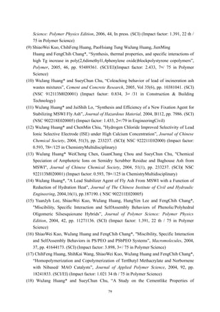 Science: Polymer Physics Edition, 2006, 44, In press. (SCI) (Impact factor: 1.391, 22 th /
    75 in Polymer Science)
(9) ShiaoWei Kuo, ChihFeng Huang, PaoHsiang Tung WuJang Huang, JienMing
    Huang and FengChih Chang*, “Synthesis, thermal properties, and specific interactions of
    high Tg increase in poly(2,6dimethyl1,4phenylene oxide)blockpolystyrene copolymers”,
    Polymer, 2005, 46, pp. 93489361. (SCI/EI)(Impact factor: 2.433, 7th/ 75 in Polymer
    Science)
(10) WuJang Huang* and SueyChun Chu, “Coleaching behavior of lead of incineration ash
    wastes mixtures”, Cement and Concrete Research, 2005, Vol 35(6), pp. 10381041. (SCI)
    (NSC 912113M020001) (Impact factor: 0.834, 3rd /31 in Construction & Building
    Technology)
(11) WuJang Huang* and JuiShih Lo, “Synthesis and Efficiency of a New Fixation Agent for
    Stabilizing MSWI Fly Ash”, Journal of Hazardous Material, 2004, B112, pp. 7986. (SCI)
    (NSC 902218E020005) (Impact factor: 1.433, 2nd /79 in EngineeringCivil)
(12) WuJang Huang* and ChenMin Chiu, "Hydrogen Chloride Improved Selectivity of Lead
    Ionic Selective Electrode (ISE) under High Calcium Concentration”, Journal of Chinese
    Chemical Society, 2004, 51(3), pp. 233237. (SCI)( NSC 922211E02000) (Impact factor:
    0.593, 78th /125 in ChemistryMultidisciplinary)
(13) WuJang Huang* WeiCheng Chen, GuanChang Chou and SueyChun Chu, "Chemical
    Speciation of Amphoteric Ions on Semidry Scrubber Residue and Baghouse Ash from
    MSWI", Journal of Chinese Chemical Society, 2004, 51(1), pp. 233237. (SCI)( NSC
    922113M020001) (Impact factor: 0.593, 78th /125 in ChemistryMultidisciplinary)
(14) WuJang Huang*, "A Lead Stabilizer Agent of Fly Ash From MSWI with a Function of
    Reduction of Hydration Heat", Journal of The Chinese Institute of Civil and Hydraulic
    Engineering, 2004,16(1), pp.187190. ( NSC 902211E020005)
(15) YuanJyh Lee, ShiaoWei Kuo, WuJang Huang, HungYen Lee and FengChih Chang*,
    "Miscibility, Specific Interaction and SelfAssembly Behaviors of Phenolic/Polyhedral
    Oligomeric Silsesquioxane Hybrids”, Journal of Polymer Science: Polymer Physics
    Edition, 2004, 42, pp. 11271136. (SCI) (Impact factor: 1.391, 22 th / 75 in Polymer
    Science)
(16) ShiaoWei Kuo, WuJang Huang and FengChih Chang*, "Miscibility, Specific Interaction
    and SelfAssembly Behaviors in PS/PEO and PSbPEO Systems”, Macromolecules, 2004,
    37, pp. 41644173. (SCI) (Impact factor: 3.898, 3rd / 75 in Polymer Science)
(17) ChihFeng Huang, ShihKai Wang, ShiaoWei Kuo, WuJang Huang and FengChih Chang*,
    “Homopolymerization and Copolymerization of TertButyl Methacrylate and Norbornene
    with Nibased/ MAO Catalysts”, Journal of Applied Polymer Science, 2004, 92, pp.
    18241833. (SCI/EI) (Impact factor: 1.021 34 th / 75 in Polymer Science)
(18) WuJang Huang* and SueyChun Chu, “A Study on the Cementlike Properties of

                                             79
 