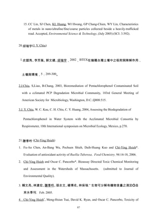 15. CC Lin, SJ Chen, KL Huang, WI Hwang, GP Chang-Chien, WY Lin, Characteristics
         of metals in nano/ultrafine/fine/coarse particles collected beside a heavily-trafficked
         road. Accepted, Environmental Science & Technology, (July 2005) (SCI: 3.592).


20.邱瑞宇(J. Y. Chiu)



 1.史盟秀、李芳胤、郭文健、邱瑞宇，2002，BTEX在幾種台灣土壤中之吸附與降解作用，



    土壤與環境，5：289-300。


2.J.Chiu, S,Liao, B.Chang, 2003, Bioremediation of Pentachlorophenol Contaminated Soil

    with a cclimated PCP Degradation Microbial Community, 103rd General Meeting of

    American Society for Microbiology, Washington, D.C..Q008:515.


3.J. Y. Chiu, W. C. Kau, C. H. Chiu, C. Y. Huang, 2004, Assessing the Biodegradation of


     Pentachlorophenol in Water System with the Acclimated Microbial Consortia by

    Respirometer, 10th International symposium on Microbial Ecology, Mexico, p.270.



21.謝季吟 (Chi-Ying Hsieh)

1. Fu-An Chen, An-Bang Wu, Pochuen Shieh, Daih-Huang Kuo and Chi-Ying Hsieh*.

     Evaluation of antioxidant activity of Ruellia Tuberosa. Food Chemistry. 94:14-18, 2006.

2. Chi-Ying Hsieh and Oscar C. Pancorbo*. Bioassay Directed Toxic Chemical Monitoring

     and Assessment in the Watersheds of Massachusetts.             (submitted to Journal of

     Environmental Quality).


3. 賴文亮、林建宏、謝季吟、張志文、楊博名、林保瑞.” 生物可分解有機物含量之測定”自

     來水季刊. Feb. 2005.

4    Chi-Ying Hsieh*, Meng-Hsiun Tsai, David K. Ryan, and Oscar C. Pancorbo, Toxicity of

                                               87
 