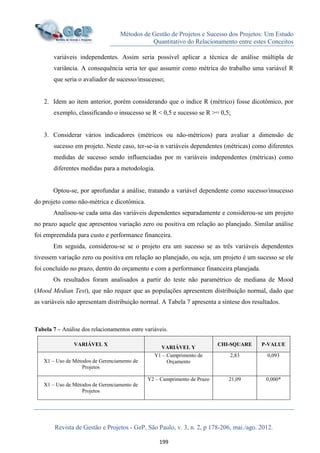 Métodos de Gestão de Projetos e Sucesso dos Projetos: Um Estudo
Quantitativo do Relacionamento entre estes Conceitos
Revista de Gestão e Projetos - GeP, São Paulo, v. 3, n. 2, p 178-206, mai./ago. 2012.
199
variáveis independentes. Assim seria possível aplicar a técnica de análise múltipla de
variância. A consequência seria ter que assumir como métrica do trabalho uma variável R
que seria o avaliador de sucesso/insucesso;
2. Idem ao item anterior, porém considerando que o índice R (métrico) fosse dicotômico, por
exemplo, classificando o insucesso se R < 0,5 e sucesso se R >= 0,5;
3. Considerar vários indicadores (métricos ou não-métricos) para avaliar a dimensão de
sucesso em projeto. Neste caso, ter-se-ia n variáveis dependentes (métricas) como diferentes
medidas de sucesso sendo influenciadas por m variáveis independentes (métricas) como
diferentes medidas para a metodologia.
Optou-se, por aprofundar a análise, tratando a variável dependente como sucesso/insucesso
do projeto como não-métrica e dicotômica.
Analisou-se cada uma das variáveis dependentes separadamente e considerou-se um projeto
no prazo aquele que apresentou variação zero ou positiva em relação ao planejado. Similar análise
foi empreendida para custo e performance financeira.
Em seguida, considerou-se se o projeto era um sucesso se as três variáveis dependentes
tivessem variação zero ou positiva em relação ao planejado, ou seja, um projeto é um sucesso se ele
foi concluído no prazo, dentro do orçamento e com a performance financeira planejada.
Os resultados foram analisados a partir do teste não paramétrico de mediana de Mood
(Mood Median Test), que não requer que as populações apresentem distribuição normal, dado que
as variáveis não apresentam distribuição normal. A Tabela 7 apresenta a síntese dos resultados.
Tabela 7 – Análise dos relacionamentos entre variáveis.
VARIÁVEL X
VARIÁVEL Y
CHI-SQUARE P-VALUE
X1 – Uso de Métodos de Gerenciamento de
Projetos
Y1 – Cumprimento de
Orçamento
2,83 0,093
X1 – Uso de Métodos de Gerenciamento de
Projetos
Y2 – Cumprimento de Prazo 21,09 0,000*
 