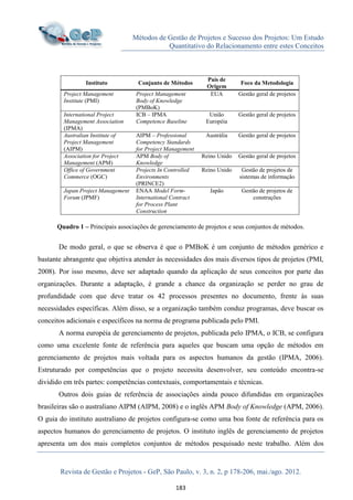 Métodos de Gestão de Projetos e Sucesso dos Projetos: Um Estudo
Quantitativo do Relacionamento entre estes Conceitos
Revista de Gestão e Projetos - GeP, São Paulo, v. 3, n. 2, p 178-206, mai./ago. 2012.
183
Quadro 1 – Principais associações de gerenciamento de projetos e seus conjuntos de métodos.
De modo geral, o que se observa é que o PMBoK é um conjunto de métodos genérico e
bastante abrangente que objetiva atender às necessidades dos mais diversos tipos de projetos (PMI,
2008). Por isso mesmo, deve ser adaptado quando da aplicação de seus conceitos por parte das
organizações. Durante a adaptação, é grande a chance da organização se perder no grau de
profundidade com que deve tratar os 42 processos presentes no documento, frente às suas
necessidades específicas. Além disso, se a organização também conduz programas, deve buscar os
conceitos adicionais e específicos na norma de programa publicada pelo PMI.
A norma européia de gerenciamento de projetos, publicada pelo IPMA, o ICB, se configura
como uma excelente fonte de referência para aqueles que buscam uma opção de métodos em
gerenciamento de projetos mais voltada para os aspectos humanos da gestão (IPMA, 2006).
Estruturado por competências que o projeto necessita desenvolver, seu conteúdo encontra-se
dividido em três partes: competências contextuais, comportamentais e técnicas.
Outros dois guias de referência de associações ainda pouco difundidas em organizações
brasileiras são o australiano AIPM (AIPM, 2008) e o inglês APM Body of Knowledge (APM, 2006).
O guia do instituto australiano de projetos configura-se como uma boa fonte de referência para os
aspectos humanos do gerenciamento de projetos. O instituto inglês de gerenciamento de projetos
apresenta um dos mais completos conjuntos de métodos pesquisado neste trabalho. Além dos
Instituto Conjunto de Métodos
País de
Origem
Foco da Metodologia
Project Management
Institute (PMI)
Project Management
Body of Knowledge
(PMBoK)
EUA Gestão geral de projetos
International Project
Management Association
(IPMA)
ICB – IPMA
Competence Baseline
União
Européia
Gestão geral de projetos
Australian Institute of
Project Management
(AIPM)
AIPM – Professional
Competency Standards
for Project Management
Austrália Gestão geral de projetos
Association for Project
Management (APM)
APM Body of
Knowledge
Reino Unido Gestão geral de projetos
Office of Government
Commerce (OGC)
Projects In Controlled
Environments
(PRINCE2)
Reino Unido Gestão de projetos de
sistemas de informação
Japan Project Management
Forum (JPMF)
ENAA Model Form-
International Contract
for Process Plant
Construction
Japão Gestão de projetos de
construções
 