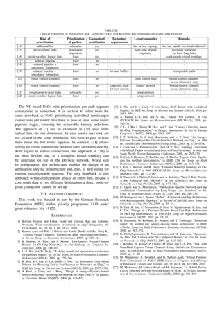 TABLE III
                   C HARACTERISTICS OF PRESENTED N O C ARCHITECTURES FOR RUNTIME RECONFIGURABLE MANYCORE DESIGNS
                   Kind of                Prioritization   Guaranteed          Technology         Layout anomalies                   Remarks
                prioritization             of packets      priotitization     requirements
 [14]           additional bus              selectable          yes                 -             bus in tree topology   bus can handle low-bandwidth only
 [15]         physical long links          destination          yes                 -              long-links disturb           ﬂexibility restricted
                                            dependent                                                  regularity                by ﬁxed long links
 [16]    circuit-switched logical links        ﬁxed             yes                   -                     -               conﬁgurable virtual topology
 [17]           reduced pipeline               ﬁxed             no                    -                     -                             -
 [18]          reduced pipeline +              ﬁxed             no                    -                     -                             -
             speculative forwarding
 [19]         reduced pipeline +              ﬁxed              no            tri-state buffers             -                    conﬁgurable paths
             speculative forwarding
  [2]       virtual express channels          ﬁxed              no                    -            extra control lines       Virtual express channels
                                                                                                                              in one dimension only
 [20]       virtual express channels          ﬁxed              no            capacitive feed-      control network          Virtual express channels
                                                                              forward circuits                                in one dimension only
 [21]     virtual point-to-point links      selectable          yes                   -              setup network                       -
 [22]    circuit-switched logical links        ﬁxed             yes                   -              setup network                       -


   The VC-based NoCs with prioritization per path segment                        [7] L. Xin and C.-s. Choy, “A Low-latency NoC Router with Lookahead
summarized in subsection A of section V suffer from the                              Bypass,” in IEEE Int. Symp. pn Circuits and Systems (ISCAS), 2010, pp.
                                                                                     3981–3984.
same drawback as NoCs prioritizing individual input/output                       [8] A. Kumar, L.-S. Peh, and N. Jha, “Token Flow Control,” in 41st
connections per router: ﬂits have to pass at least some router                       IEEE/ACM Int. Symp. on Microarchitecture (MICRO-41), 2008, pp.
pipeline stages, lowering the achievable latency reduction.                          342–353.
                                                                                 [9] Z. Li, J. Wu, L. Shang, R. Dick, and Y. Sun, “Latency Criticality Aware
The approach of [2] and its extension in [20] also limits                            On-Chip Communication,” in Design, Automation & Test in Europe
virtual links to one dimension. In case source and sink are                          Conference (DATE), 2009, pp. 1052–1057.
not located in the same dimension, ﬂits have to pass at least                   [10] P. T. Wolkotte, G. J. Smit, Rauwerda, and L. T. Smit, “An Energy-
                                                                                     Efﬁcient Reconﬁgurable Circuit-Switched Network-on-Chip,” in 19th
three times the full router pipeline. In contrast, [21] allows                       Int. Parallel and Distributed Processing Symp., 2005, pp. 155a–155a.
setting up virtual connections between cores or routers directly.               [11] J. Chan and S. Parameswaran, “NoCOUT: NoC Topology Generation
With regard to virtual connections, the approach of [16] is                          with Mixed Packet-switched and Point-to-Point Networks,” in Asia and
                                                                                     South Paciﬁc Design Automation Conference, 2008, pp. 265–270.
the most ﬂexible one, as a complete virtual topology can                        [12] B. Grot, J. Hestness, S. Keckler, and O. Mutlu, “Express Cube Topolo-
be generated on top of the physical network. While still                             gies for on-Chip Interconnects,” in IEEE 15th Int. Symp. on High
be conﬁgurable, this architecture enables the design of an                           Performance Computer Architecture (HPCA), 2009, pp. 163–174.
                                                                                [13] J. Kim, J. Balfour, and W. Dally, “Flattened Butterﬂy Topology for On-
application speciﬁc infrastructure and, thus, is well suited for                     Chip Networks,” in 40th IEEE/ACM Int. Symp. on Microarchitecture
runtime reconﬁgurable systems. The only drawback of this                             (MICRO), 2007, pp. 172–182.
approach is that conﬁguration affects an entire link. In case a                 [14] R. Manevich, I. Walter, I. Cidon, and A. Kolodny, “Best of Both Worlds:
                                                                                     A Bus Enhanced NoC (BENoC),” in 3rd ACM/IEEE Int. Symp. on
core sends data to two different destinations a direct point-to-                     Networks-on-Chip (NoCS), 2009, pp. 173–182.
point connection cannot be set up.                                              [15] U. Ogras and R. Marculescu, “Application-Speciﬁc Network-on-Chip
                                                                                     Architecture Customization via Long-Range Link Insertion,” in Int.
                    VII. ACKNOWLEDGEMENT                                             Conf. on Computer-Aided Design (ICCAD), 2005, pp. 246–253.
                                                                                [16] M. Stensgaard and J. Sparso, “ReNoC: A Network-on-Chip Architecture
  This work was funded in part by the German Research                                with Reconﬁgurable Topology,” in Second ACM/IEEE Inter. Symp. on
Foundation (DFG) within priority programme 1148 under                                Networks-on-Chip (NoCS), 2008, pp. 55–64.
                                                                                [17] D. Park, R. Das, C. Nicopoulos, J. Kim, N. Vijaykrishnan, R. Iyer, and
grant reference Ma 1412/5.                                                           C. Das, “Design of a Dynamic Priority-Based Fast Path Architecture
                                                                                     for On-Chip Interconnects,” in 15th IEEE Symp. on High-Performance
                             R EFERENCES                                             Interconnects (HOTI), 2007, pp. 15–20.
 [1] Bolotin, Evgeny and Cidon, Israel and Ginosar, Ran and Kolodny,            [18] H. Matsutani, M. Koibuchi, H. Amano, and T. Yoshinaga, “Prediction
     Avinoam, “Cost considerations in network on chip,” Integration, the             router: Yet another low latency on-chip router architecture,” in IEEE
     VLSI Jounal, vol. 38, no. 1, pp. 19–42, 2004.                                   15th Int. Symp. on High Performance Computer Architecture (HPCA),
 [2] Kumar, Amit and Peh, Li-Shiuan and Kundu, Partha and Jha, Niraj K.,             2009, pp. 367–378.
     “Express Virtual Channels: Towards the Ideal Interconnection Fabric,”      [19] G. Michelogiannakis, D. Pnevmatikatos, and M. Katevenis, “Approach-
     in 4th Int. Symp. on Computer Architecture, 2007, pp. 150–161.                  ing Ideal NoC Latency with Pre-Conﬁgured Routes,” in First Int. Symp.
 [3] R. Mullins, A. West, and S. Moore, “Low-Latency Virtual-Channel                 on Networks-on-Chip (NOCS), 2007, pp. 153–162.
     Routers for On-Chip Networks,” in 31st Int.Symp. on Computer Ar-           [20] T. Krishna, A. Kumar, P. Chiang, M. Erez, and L.-S. Peh, “NoC with
     chitecture, 2004, pp. 188–197.                                                  Near-Ideal Express Virtual Channels Using Global-Line Communica-
 [4] L.-S. Peh and W. Dally, “A delay model and speculative architecture             tion,” in 16th IEEE Symp. on High Performance Interconnects (HOTI),
     for pipelined routers,” in 7th Int. Symp. on High-Performance Computer          2008, pp. 11–20.
     Architecture (HPCA), 2001, pp. 255–266.                                    [21] M. Modarressi, A. Tavakkol, and H. Sarbazi-Azad, “Virtual Point-to-
 [5] K. Kim, S.-J. Lee, K. Lee, and H.-J. Yoo, “An Arbitration Look-Ahead            Point Connections for NoCs,” IEEE Trans. on Computer-Aided Design
     Scheme for Reducing End-to-End Latency in Networks on Chip,” in                 of Integrated Circuits and Systems, vol. 29, no. 6, pp. 855–868, 2010.
     IEEE Int. Symp. on Circuits and Systems (ISCAS), 2005, pp. 2357–2360.      [22] M. Modarressi, H. Sarbazi-Azad, and M. Arjomand, “A Hybrid Packet-
 [6] A. Kodi, A. Louri, and J. Wang, “Design of energy-efﬁcient channel              Circuit Switched on-Chip Network Based on SDM,” in Design, Automa-
     buffers with router bypassing for network-on-chips (NoCs),” in Quality          tion & Test in Europe Conference (DATE), 2009, pp. 566–569.
     of Electronic Design (ISQED), 2009, pp. 826–832.
 