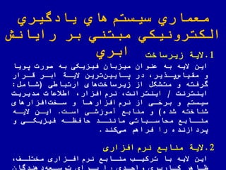 ‫یادگیري‬ ‫هاي‬‫سیستم‬ ‫معماري‬
‫رایانش‬ ‫بر‬ ‫مبتني‬ ‫الكترونیكي‬
‫ابري‬ 1.‫زیرساخت‬ ‫الیة‬
‫یویا‬ ‫صورت‬ ‫به‬ ‫فیزیکی‬ ‫میزبان‬ ‫عنوان‬ ‫به‬ ‫الیه‬ ‫این‬
‫ارار‬‫ا‬‫ق‬ ‫ار‬‫ا‬‫اب‬ ‫اة‬‫ا‬‫الی‬ ‫ترین‬‫اایین‬‫ا‬‫ی‬ ‫در‬ ‫یر‬ ‫ا‬‫ا‬‫ی‬‫مقیاس‬ ‫و‬
‫ی‬ ‫ارتبا‬ ‫های‬‫زیرساخت‬ ‫از‬ ‫متشکض‬ ‫و‬ ‫گرفته‬(‫شاامض‬:
‫اینترنت‬/‫مدیریت‬ ‫یعات‬ ‫ا‬ ‫افزار‬‫نرم‬ ‫اینترانت‬
‫افزارهای‬‫ساخت‬ ‫و‬ ‫افزارهاا‬‫نرم‬ ‫از‬ ‫برخای‬ ‫و‬ ‫سیستم‬
‫شده‬ ‫شناخته‬)‫اسات‬ ‫آموزشای‬ ‫منابع‬ ‫و‬.‫الیاه‬ ‫ایان‬
‫و‬ ‫ای‬‫فیزیکا‬ ‫اه‬‫لافظا‬ ‫اد‬‫ماننا‬ ‫اباتی‬‫ملاسا‬ ‫اابع‬‫منا‬
‫کند‬‫می‬ ‫فراهم‬ ‫را‬ ‫یردازنده‬.
2.‫افزاری‬‫نرم‬ ‫منابع‬ ‫الیة‬
‫مختلاف‬ ‫افازاری‬‫نرم‬ ‫مناابع‬ ‫ترکیاب‬ ‫با‬ ‫الیه‬ ‫این‬
 
