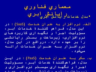 ‫اوري‬ ّ‫فن‬ ‫معماري‬
‫ابري‬ ‫رایانش‬ •‫ابري‬ ‫رایانش‬ ‫خدمات‬ ‫مدض‬
‫الف‬.‫خادمت‬ ‫عنوان‬ ‫به‬ ‫افزار‬‫نرم‬(SaaS):‫در‬
‫ابار‬ ‫خادمات‬ ‫کنناد‬ ‫فاراهم‬ ‫مدض‬ ‫این‬
‫کاربردهاای‬ ‫نههاداری‬ ‫و‬ ‫اجارا‬ ‫مسؤولیت‬
‫رایانشای‬ ‫بساتر‬ ‫و‬ ‫زیرساخت‬ ‫افزاری‬‫نرم‬
‫دارد‬ ‫عهده‬ ‫بر‬ ‫را‬.‫مدض‬ ‫این‬ ‫در‬ ‫درواقع‬
‫اه‬‫اراها‬ ‫ادمات‬‫خا‬ ‫اوان‬‫عنا‬ ‫اه‬‫با‬ ‫ازار‬‫افا‬‫نرم‬
‫شود‬‫می‬.
‫ب‬.‫خادمت‬ ‫عناوان‬ ‫باه‬ ‫و‬ ّ‫سک‬(PaaS):‫ایان‬ ‫در‬
‫مدض‬‫کنند‬‫فراهم‬‫مساؤولیت‬ ‫ابار‬ ‫خدمات‬
‫و‬ ‫ازاری‬‫ا‬‫اف‬‫نرم‬ ‫اتم‬‫ا‬‫سیس‬ ‫اداری‬‫ا‬‫نهه‬ ‫و‬ ‫ارا‬‫ا‬‫اج‬
 
