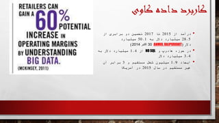 ‫کاوی‬ ‫داده‬ ‫کاربرد‬
•‫از‬ ‫درآمد‬2015‫تا‬2017‫از‬ ‫برابری‬ ‫دو‬ ‫تخمین‬
28.5‫به‬ ‫دالر‬ ‫میلیارد‬50.1‫میلیارد‬
‫دالر‬(ANMOL RAJPUROHIT30‫اکتبر‬2014)
•‫و‬ ‫هادوپ‬ ‫حوزه‬ ‫در‬NO SQL‫از‬1.4‫به‬ ‫دالر‬ ‫میلیارد‬
3.4‫میلیارد‬‫دالر‬
•‫ایجاد‬1.9‫و‬ ‫مستقیم‬ ‫شغل‬ ‫میلیون‬3‫آن‬ ‫برابر‬
‫سال‬ ‫در‬ ‫مستقیم‬ ‫غیر‬2015‫آمریکا‬ ‫در‬
 