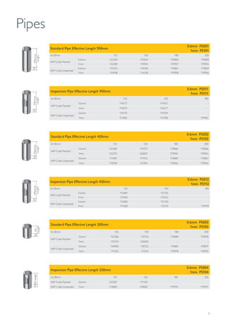 5
Pipes
50
Eff.
Length
50
Eff.
Length
50
Effective
Length
50
Effective
Length
50
Effective
Length
50
Effective
Length
Standard Pipe Effective Length 950mm
0.6mm PS001
1mm PS101
Int Ømm 125 150 180 200
SAP Code Painted
0.6mm 122583 114554 119860 119858
1mm 122584 119954 119957 119955
SAP Code Unpainted
0.6mm 113272 114550 119861 119859
1mm 115948 116338 119958 119956
Inspection Pipe Effective Length 950mm
0.6mm PS011
1mm PS111
Int Ømm 125 150 180
SAP Code Painted
0.6mm 114177 114707 -
1mm 115979 116477 -
SAP Code Unpainted
0.6mm 114179 114709 -
1mm 113482 114708 119962
Standard Pipe Effective Length 200mm
0.6mm PS003
1mm PS103
Int Ømm 125 150 180 200
SAP Code Painted
0.6mm 122586 110716 119880 119878
1mm 125374 120602 - -
SAP Code Unpainted
0.6mm 110485 110723 119881 119879
1mm 111302 111543 119978 119976
Inspection Pipe Effective Length 250mm
0.6mm PS004
1mm PS104
Int Ømm 125 150 180 200
SAP Code Painted 0.6mm 122587 111169 - -
SAP Code Unpainted 1mm 110850 110850 119974 119972
Standard Pipe Effective Length 450mm
0.6mm PS002
1mm PS102
Int Ømm 125 150 180 200
SAP Code Painted
0.6mm 122585 111973 119868 119866
1mm 125375 120601 119965 119963
SAP Code Unpainted
0.6mm 111487 111972 119869 119867
1mm 112994 113393 119966 119964
Inspection Pipe Effective Length 450mm
0.6mm PS012
1mm PS112
Int Ømm 125 150 180
SAP Code Painted
0.6mm 112081 112155 -
1mm 114182 114252 -
SAP Code Unpainted
0.6mm 112083 112150 -
1mm 111608 112115 119970
 