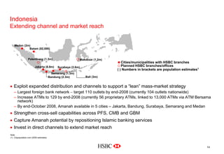 Indonesia
Extending channel and market reach
Cities/municipalities with HSBC branches
Planned HSBC branches/offices
Medan (2m)
Palembang (1.3m)
Jakarta (8.8m) Surabaya (2.6m)
Batam (82,000)
Bandung (2.3m)
Semarang (1.3m)
Makassar (1.2m)
Bali (3m)
( ) Numbers in brackets are population estimates1
• Exploit expanded distribution and channels to support a “lean” mass-market strategy
– Largest foreign bank network − target 110 outlets by end-2008 (currently 104 outlets nationwide)
– Increase ATMs to 129 by end-2008 (currently 56 proprietary ATMs, linked to 13,000 ATMs via ATM Bersama
network)
– By end-October 2008, Amanah available in 5 cities – Jakarta, Bandung, Surabaya, Semarang and Medan
• Strengthen cross-sell capabilities across PFS, CMB and GBM
• Capture Amanah potential by repositioning Islamic banking services
• Invest in direct channels to extend market reach
Note:
(1) Citypopulation.com (2005 estimates)
14
 