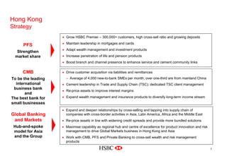 Hong Kong
Strategy
• Grow HSBC Premier – 300,000+ customers, high cross-sell ratio and growing deposits
• Maintain leadership in mortgages and cards
• Adapt wealth management and investment products
• Increase penetration of life and pension products
• Boost branch and channel presence to enhance service and cement community links
PFS
Strengthen
market share
CMB
To be the leading
international
business bank
and
The best bank for
small businesses
• Drive customer acquisition via liabilities and remittances
– Average of 4,000 new-to-bank SMEs per month; over one-third are from mainland China
• Cement leadership in Trade and Supply Chain (TSC); dedicated TSC client management
• Re-price assets to improve interest margins
• Expand wealth management and insurance products to diversify long-term income stream
• Expand and deepen relationships by cross-selling and tapping into supply chain of
companies with cross-border activities in Asia, Latin America, Africa and the Middle East
• Re-price assets in line with widening credit spreads and provide more bundled solutions
• Maximise capability as regional hub and centre of excellence for product innovation and risk
management to drive Global Markets business in Hong Kong and Asia
• Work with CMB, PFS and Private Banking to cross-sell wealth and risk management
products
Global Banking
and Markets
Hub-and-spoke
model for Asia
and the Group
7
 
