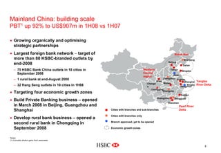 Mainland China: building scale
PBT1 up 92% to US$907m in 1H08 vs 1H07
8
• Growing organically and optimising
strategic partnerships
• Largest foreign bank network − target of
more than 80 HSBC-branded outlets by
end-2008
– 75 HSBC Bank China outlets in 18 cities in
September 2008
– 1 rural bank at end-August 2008
– 32 Hang Seng outlets in 10 cities in 1H08
• Targeting four economic growth zones
• Build Private Banking business – opened
in March 2008 in Beijing, Guangzhou and
Shanghai
• Develop rural bank business – opened a
second rural bank in Chongqing in
September 2008
Notes:
(1) Excludes dilution gains from associates
Cities with branches and sub-branches
Cities with branches only
Branch approved, yet to be opened
Economic growth zones
Dalian
Beijing
Tianjin
Qingdao
Suzhou
Shanghai
WuhanChengd
u
Changsha
Chongqing
Xiamen
Guangzhou
Shenzhen
Xi’an
Hangzhou
Shenyang
Dongguan
Zhengzhou
Jinan
Ningbo
Bohai Rim
Pearl River
Delta
Western/
Central
region
Yangtze
River Delta
 