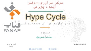 1
Hype Cycle
‫کنیم‬ ‫استفاده‬ ‫آن‬ ‫از‬ ‫چگونه‬ ‫و‬ ‫چیست‬.
‫زمانی‬ ‫مسعود‬
26‫خرداد‬1394 www.it-cafe.ir
@masoud_zamani
@_innovcenter @_itcafe_
 