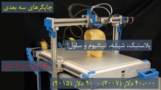 40،000‫دالر‬(2007)-90‫دالر‬(2015)
‫بعدی‬ ‫سه‬ ‫چاپگرهای‬
450‫در‬ ‫برابر‬7‫سال‬
‫سلول‬ ‫و‬ ‫تیتانیوم‬ ،‫شیشه‬ ،‫پالستیک‬!
 