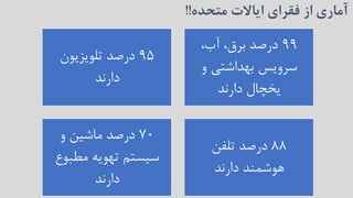 ‫ایاال‬ ‫فقرای‬ ‫از‬ ‫آماری‬‫متحده‬ ‫ت‬!!
99،‫آب‬ ،‫برق‬ ‫درصد‬
‫و‬ ‫بهداشتی‬ ‫سرویس‬
‫دارند‬ ‫یخچال‬
95‫تلویزیون‬ ‫درصد‬
‫دارند‬
88‫تلفن‬ ‫درصد‬
‫دارند‬ ‫هوشمند‬
70‫و‬ ‫ماشین‬ ‫درصد‬
‫مطبو‬ ‫تهویه‬ ‫سیستم‬‫ع‬
‫دارند‬
 