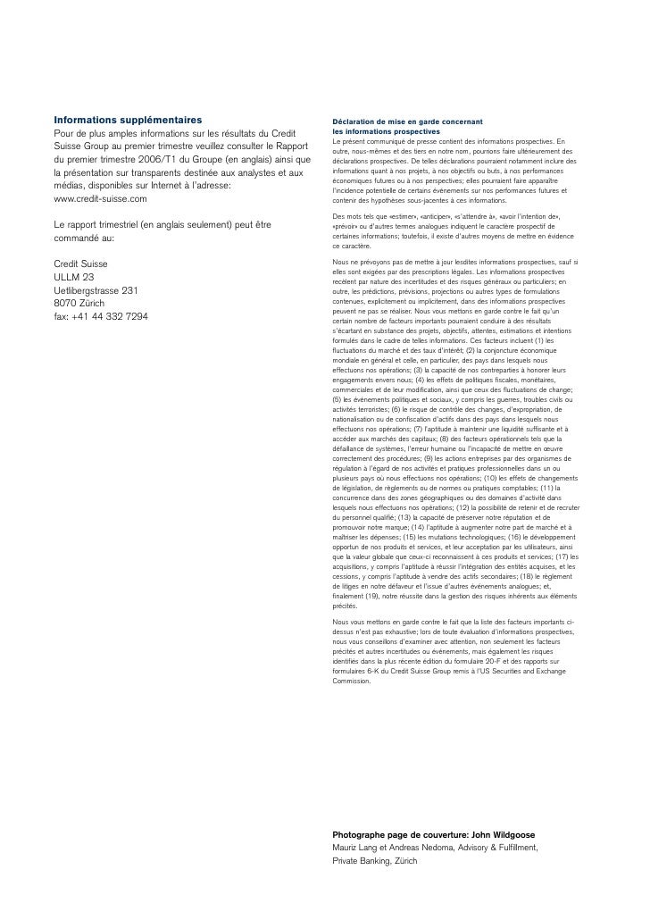 Credit Suisse Letter To Shareholders Q1 06 Credit Suisse Letter To Shareholders Q1 06