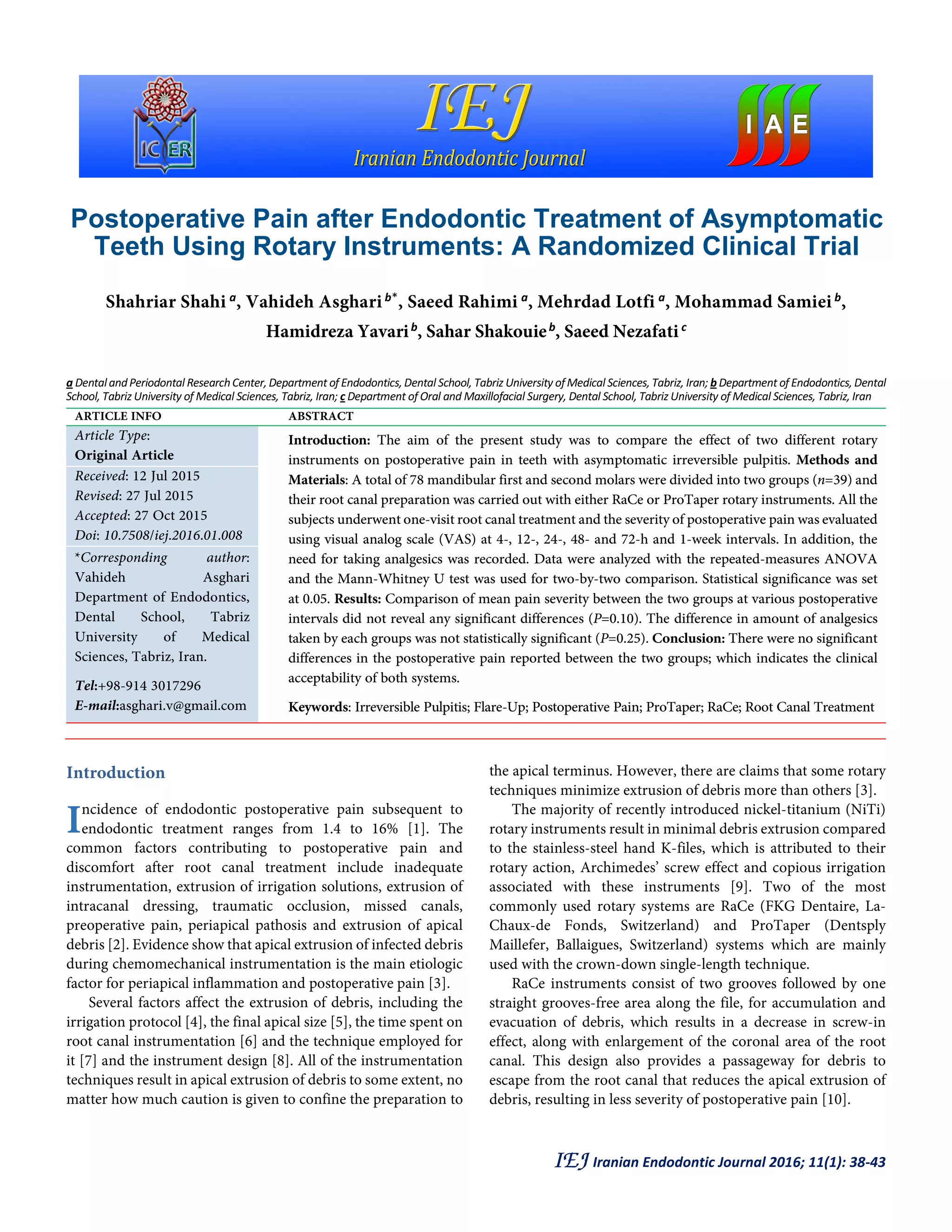 Postoperative Pain after Endodontic Treatment of Asymptomatic Teeth