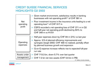 CREDIT SUISSE FINANCIAL SERVICES
HIGHLIGHTS Q2 2002
               Ø Given market environment, satisfactory results in ban...