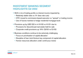 INVESTMENT BANKING SEGMENT
HIGHLIGHTS Q2 2002
§ Shift in mix of trading profits vs interest income impacted by
  s Relativ...