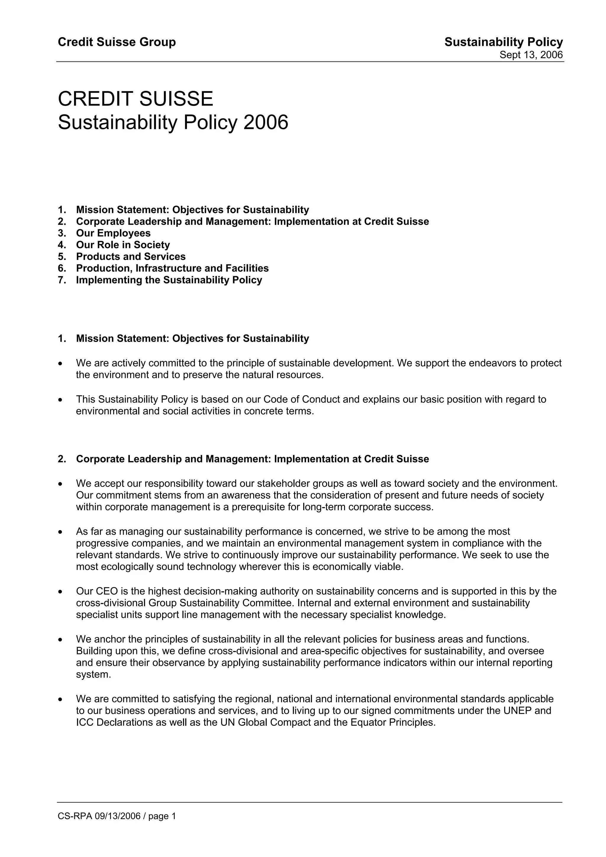 credit-suiss Sustainability Policy