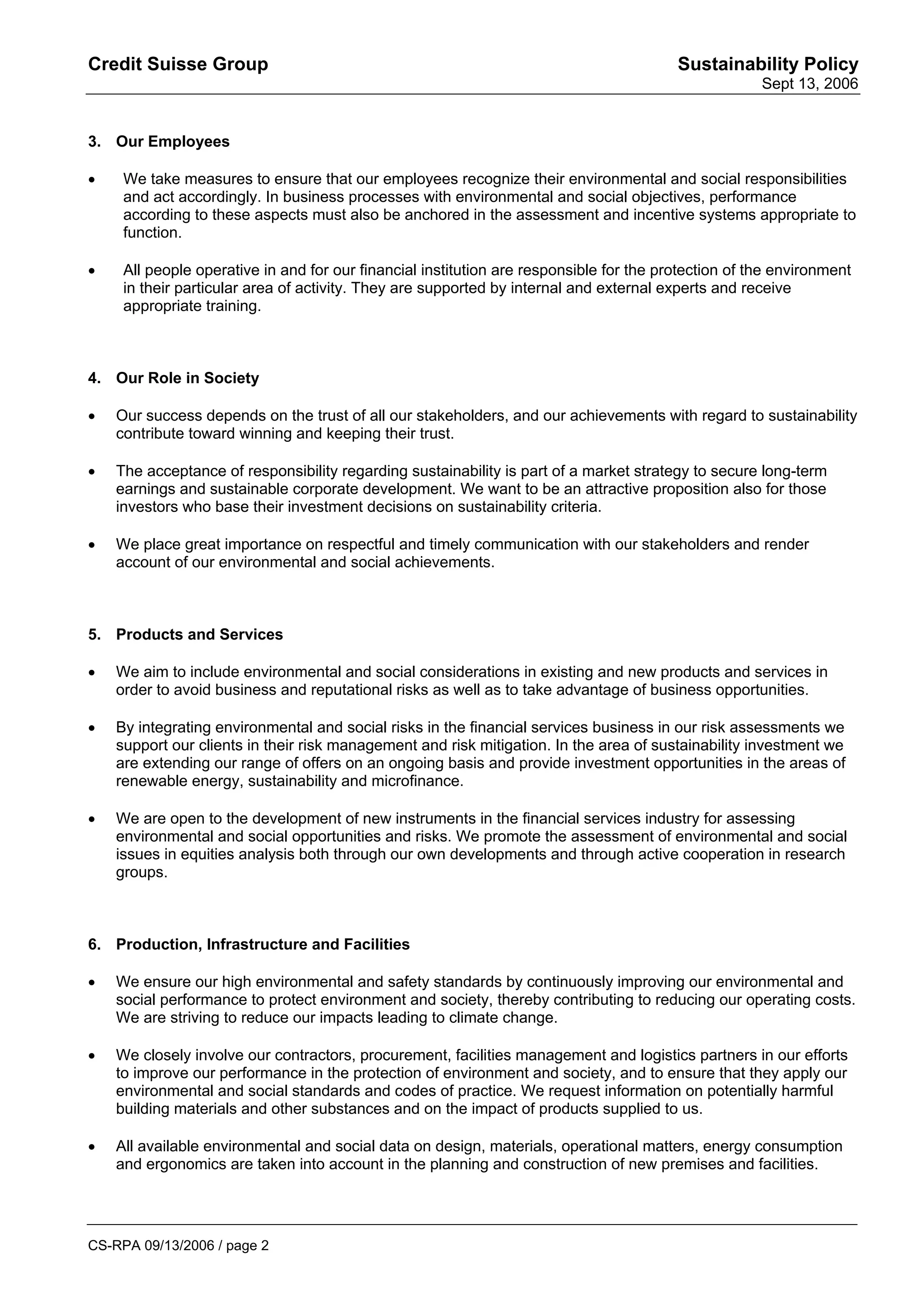 credit-suiss Sustainability Policy