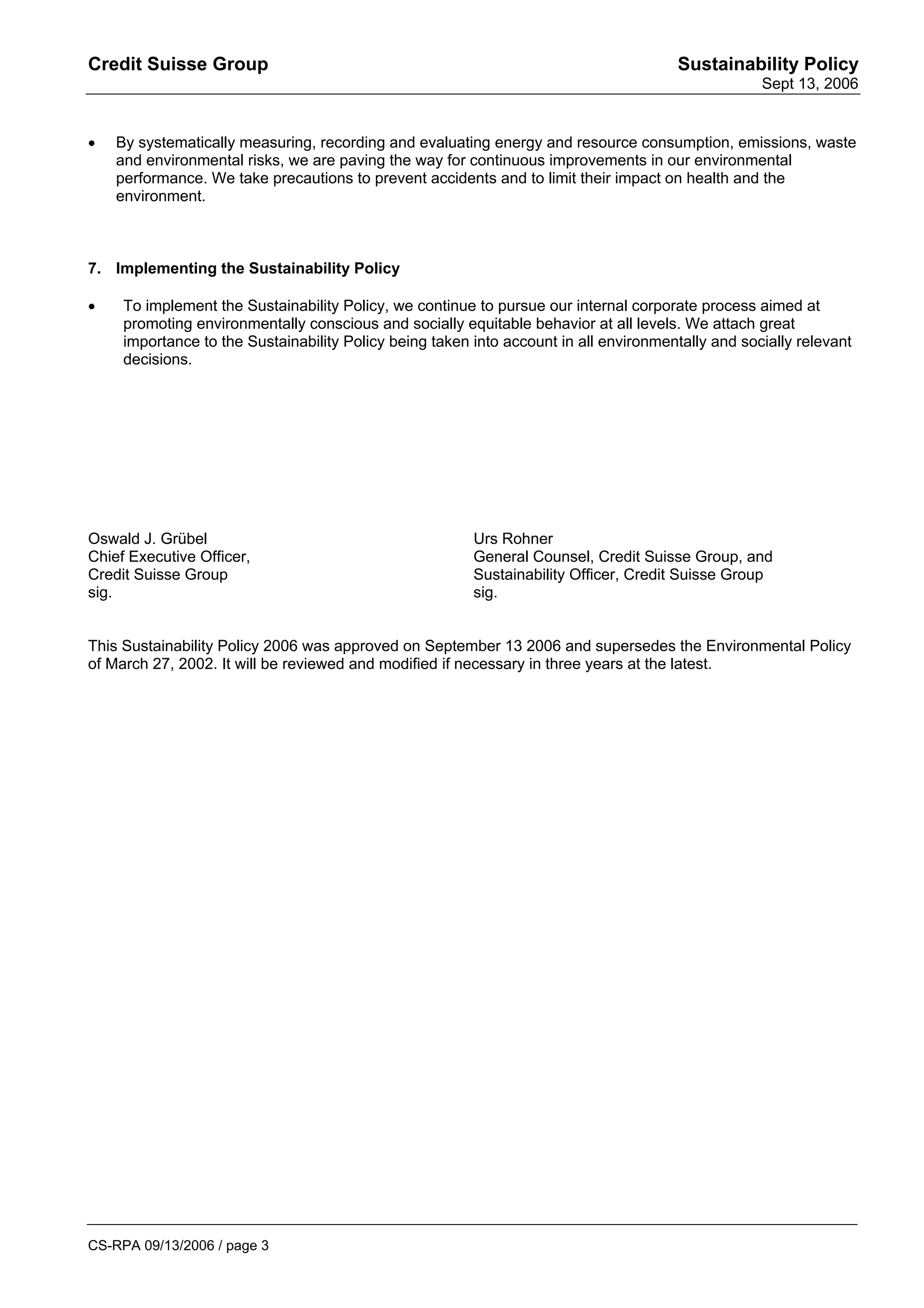 credit-suiss Sustainability Policy