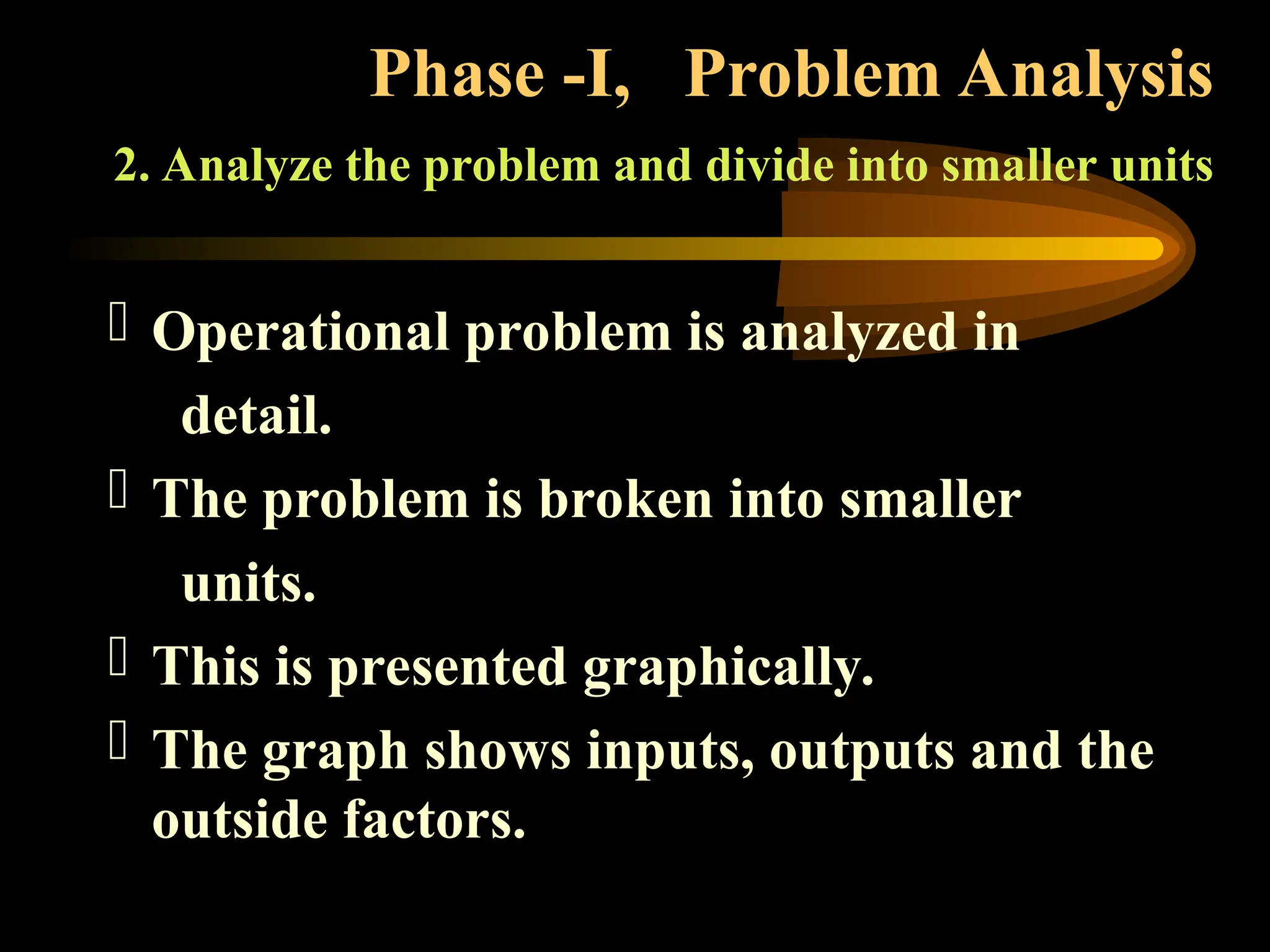 Phase -I, Problem Analysis
2. Analyze the problem and divide into smaller units
 Operational problem is analyzed in
detail.
 The problem is broken into smaller
units.
 This is presented graphically.
 The graph shows inputs, outputs and the
outside factors.
 
