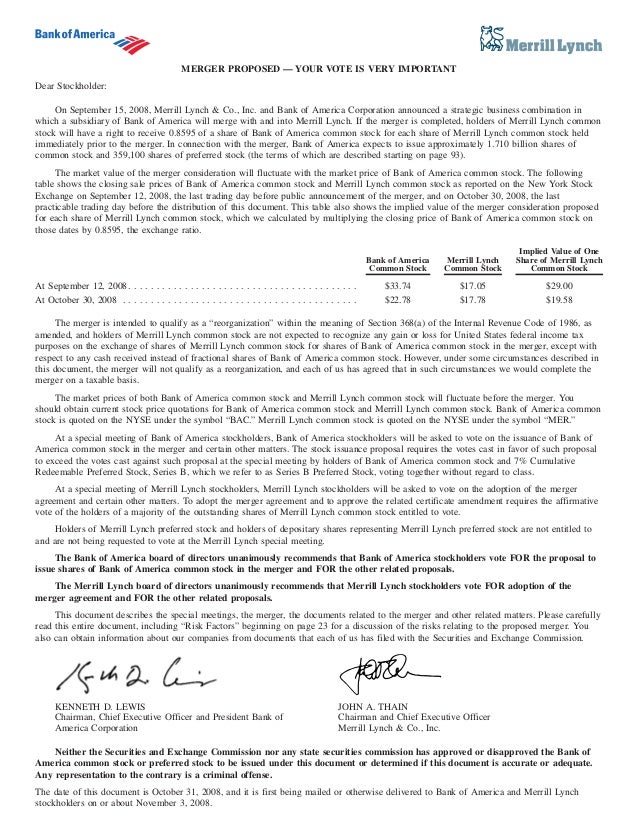 bank of america and merrill lynch merger proxy merillynch com