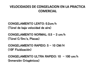 VELOCIDADES DE CONGELACION EN LA PRACTICA
COMERCIAL
CONGELAMIENTO LENTO: 0.2cm/h
(Túnel de baja velocidad de aire)
CONGELAMIENTO NORMAL: 0.5 – 3 cm/h
(Túnel C/5m/s, Placas)
CONGELAMIENTO RAPIDO: 5 – 10 CM/H
(10F Fluidización)
CONGELAMIENTO ULTRA RAPIDO: 10 - 100 cm/h
(Inmersión Criogénicos)
 